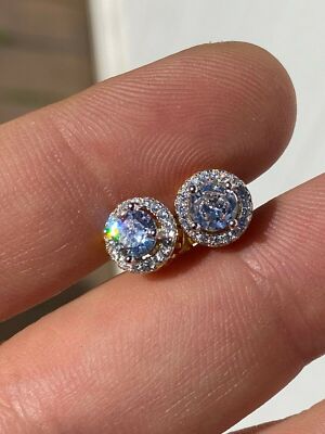 Real Solid 925 Silver Iced Hip Hop Earrings Studs Small 14k Gold Plated Out CZ