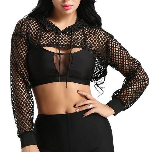 Womens Fishnet Crop Tops Short Hoodie Shirts Long Sleeve T-shirt Raves Clubwear - Picture 7 of 99