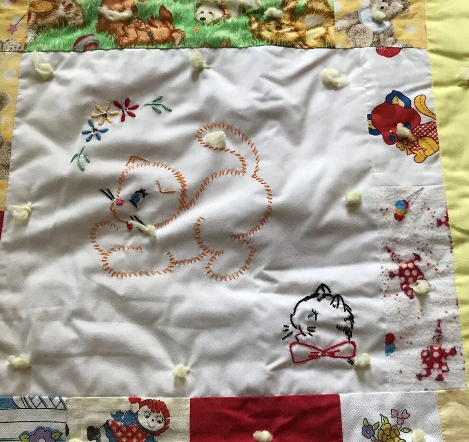 Handmade Baby Crib Quilt Comforter Embroidered Cat Kitten Patchwork Red Floral - Image 2 of 3