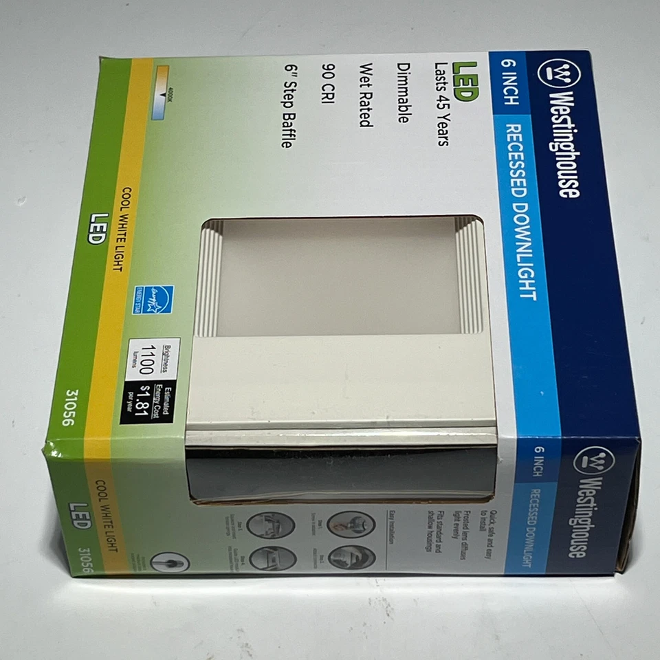 Westinghouse 6" Cuadrado Empotrado Luz LED 15 Vatios 31056 Regulable 4000K Caja de 6 Foto 3 de 4