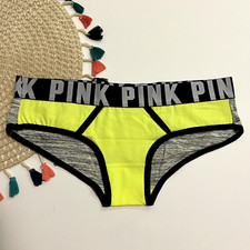 Victoria's Secret PINK Logo Hipster Panty VTG Neon Yellow/Gray NEW