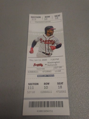 Billet de baseball Wash Nationals vs Atlanta Braves (6-11-2020) jamais joué COVID