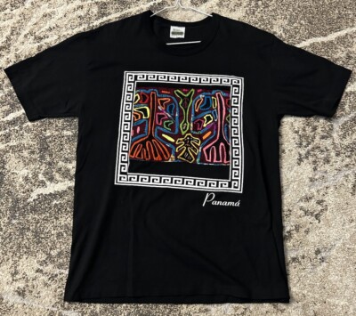 Vintage Flory Saltzman Gift Ship Molas Panama Shirt Large Black Single Stitch