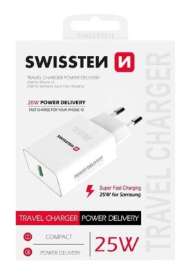 Swissten Travel Charger USB-C, 25W, Schnellader, Netzteil, Ladegerät, white