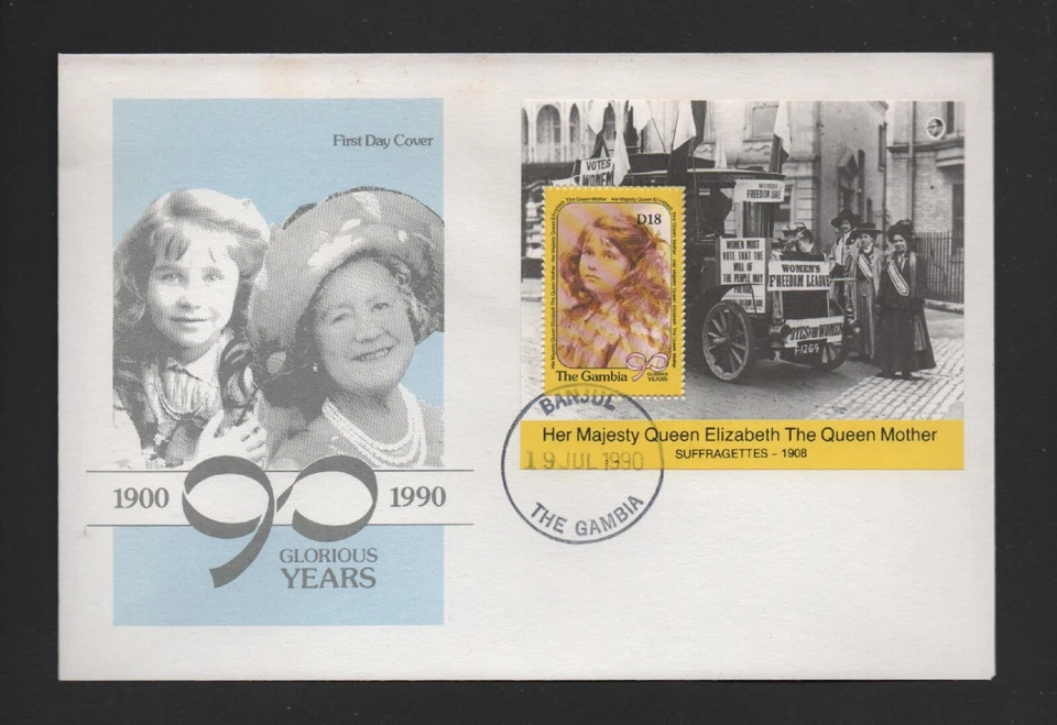 GAMBIA 1990 SET DE 4 FDC sin dirección 90º CUMPLEAÑOS REINA MADRE Foto 2 de 4
