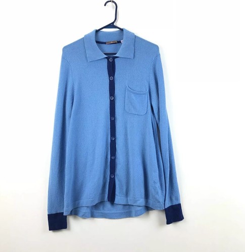 Cullen Womens M Medium 100% Cashmere Button Cardigan Sweater Blue With Navy Trim