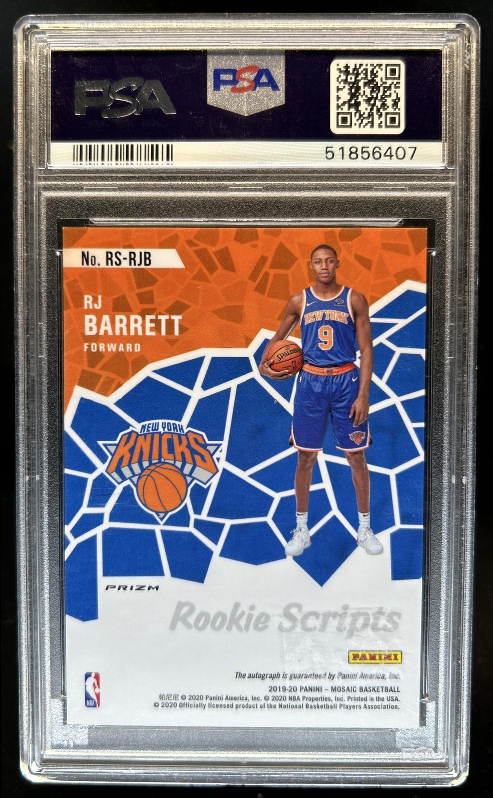 2019-20 Panini Mosaic RJ Barrett Rookie Scripts Auto RC #RS-RJB Knicks PSA 10 view 2