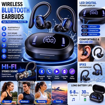 Wireless Bluetooth Earbuds 50H Playback IPX7 Waterproof Sports Earphones LED Dis