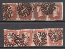 Product Image: GB QV 1841 SG8/SG10 1d Red Brown Imperf Strips of Four Black Plate 11 Cat £1,040