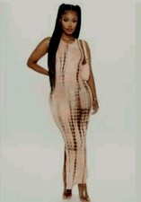 NWT Fashion Nova Dress Womens Sz Med Tie Dye Maxi Pink/Combo Jersy Stretch 