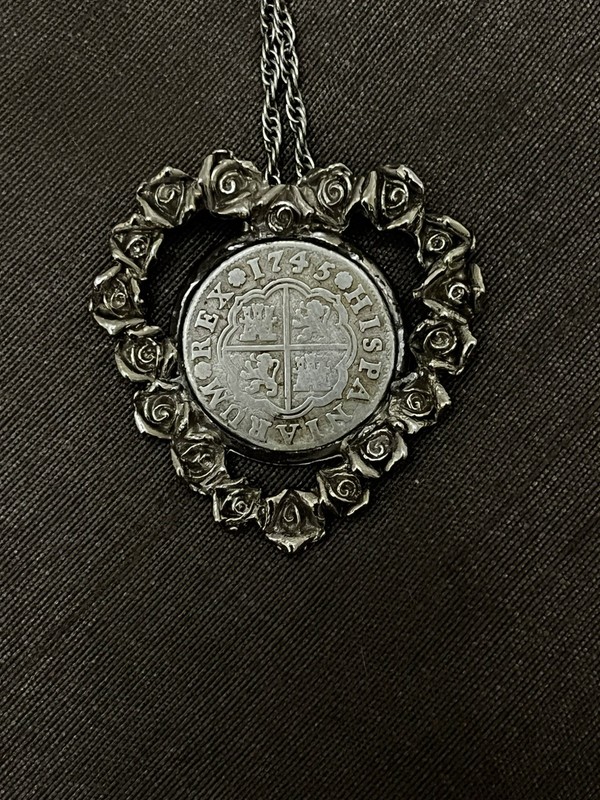 1745 Spanish Silver 1 Real Pistareen Type in Heart Pendant
