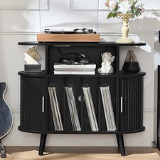 Large Round Record Player Stand with Charging Station  Fluted Display Shelf,