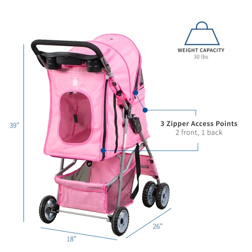 VIVO Four Wheel Pink Pet Stroller / Cat & Dog Foldable Cart - Picture 2 of 8