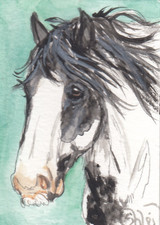 Carta artistica acquerello ACEO originale CAVALLO nero Tobiano sabino PESANTE Vanner Cob