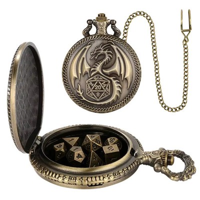 Mini Metal RPG Dice Set Pocket Watch Case Dragon D20 DnD Polyhedral w Chain
