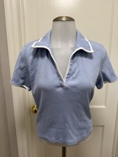 Veronica Beard Blue Ribbed Polo Top M Pima Cotton Contrast Trim Short Sleeve