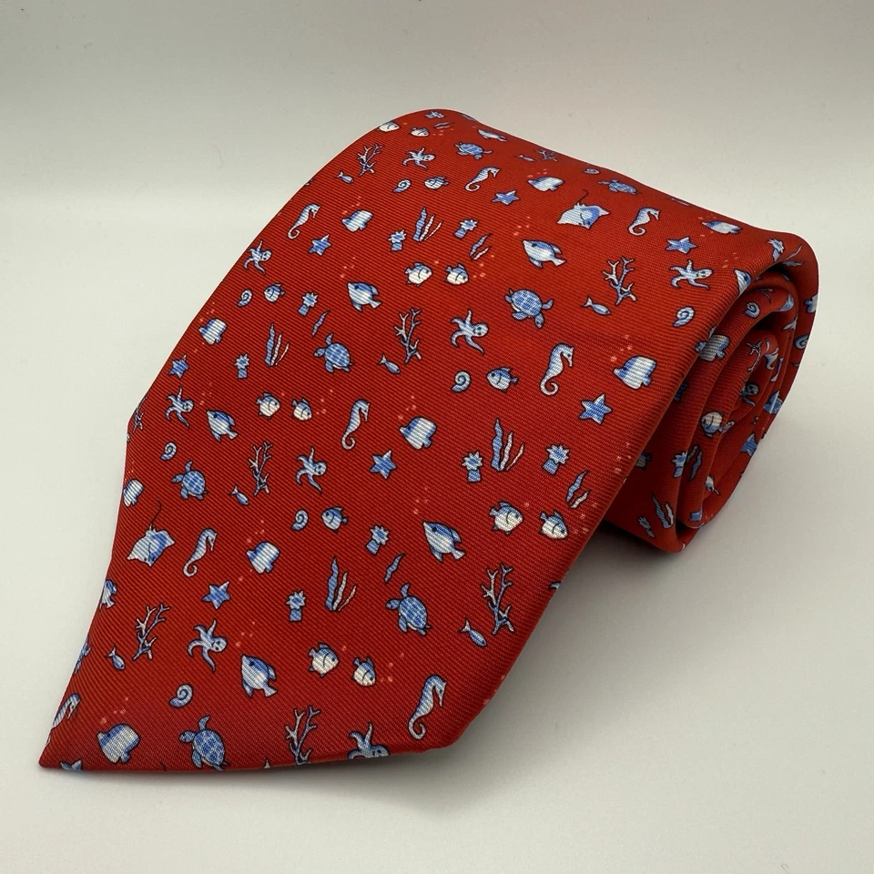 Corbata Brooks Brothers Océano Rojo Peces Tortugas Fabricantes Comerciantes Seda Foto 3 de 3