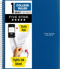 Five Star Spiral Notebook  Study App, 1 Subject, College Ruled Paper, 8-1/2" X