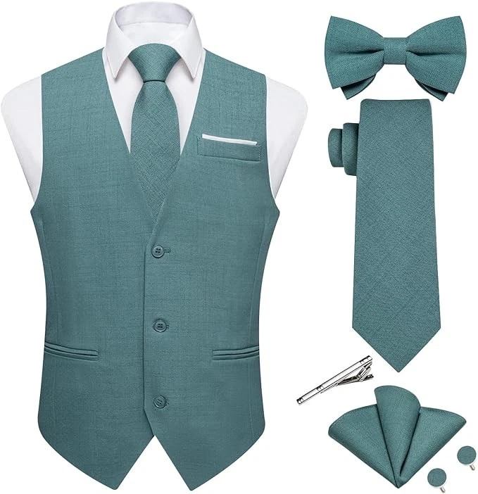 Mens Linen Suit Vest Casual Waistcoat and Necktie & Pre-tied Bowtie Set - Image 2 of 3