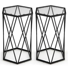 Set of 2 End Table Tempered Glass Top Metal Frame Hexagonal Accent Side Table