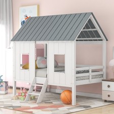 Low Loft House Bed with Roof and Windows Wooden Bed Frames Twin Size Loft Bed