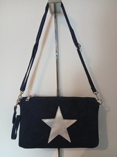 Navy Blue Borse In Pelle Suede Clutch Bag With Detachable Cross Body Strap