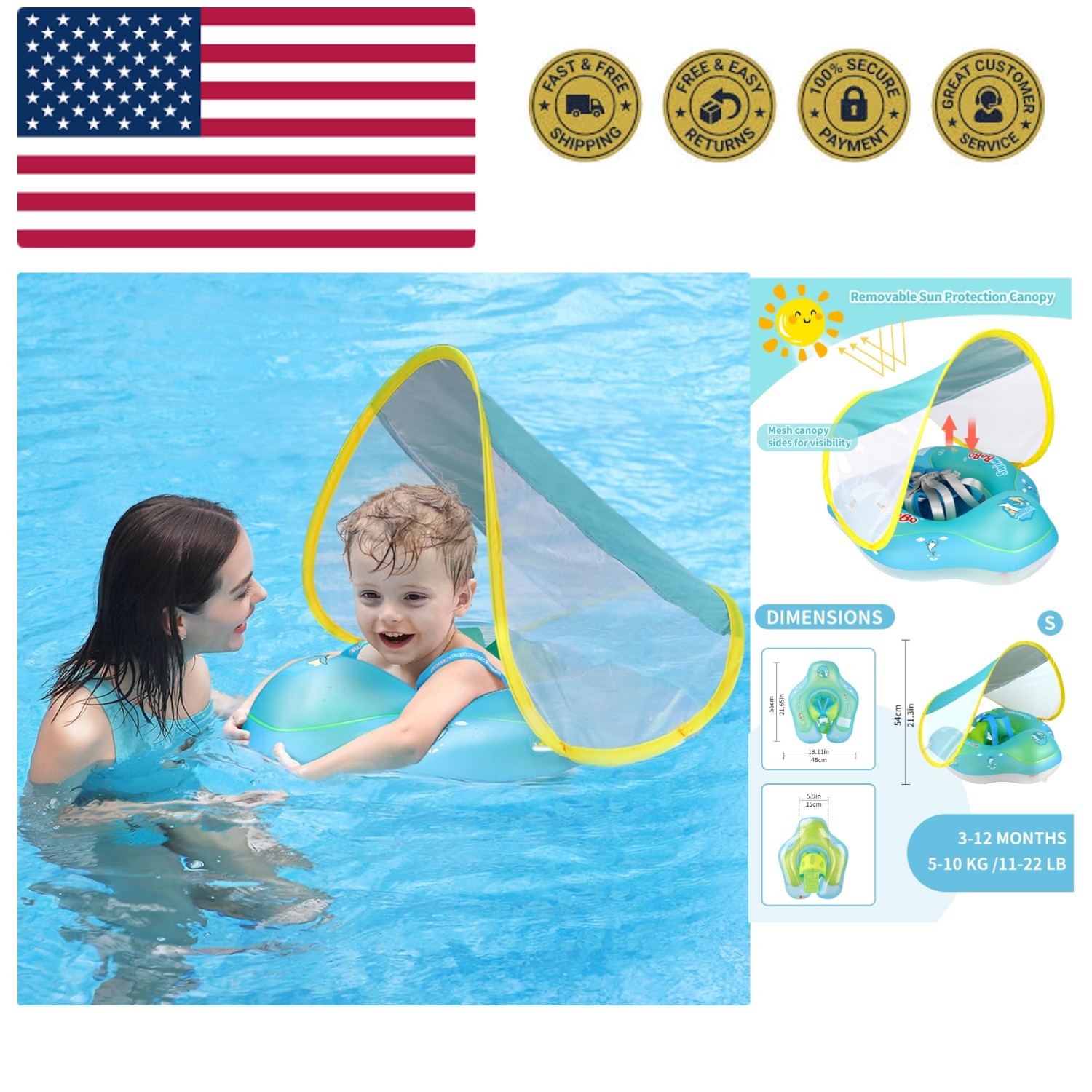 Blue Dolphin Baby Float with Sunshade - Safe & Comfortable for Little Swimmers