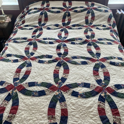 Vintage Double Wedding Band Quilt Pennsylvania Red Blue White Handmade Hand Sewn