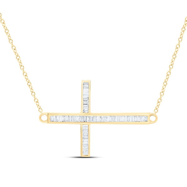"10K Gelbgold Echter Baguette Diamant Damen Seitlich Kreuz 18\" Halskette 1/4 Ct"-image