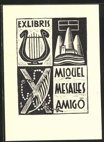 Exlibris Miquel Mesalles Amigo, Leier, Berggruppe, Rosenkranz - 第 1/1 張圖片
