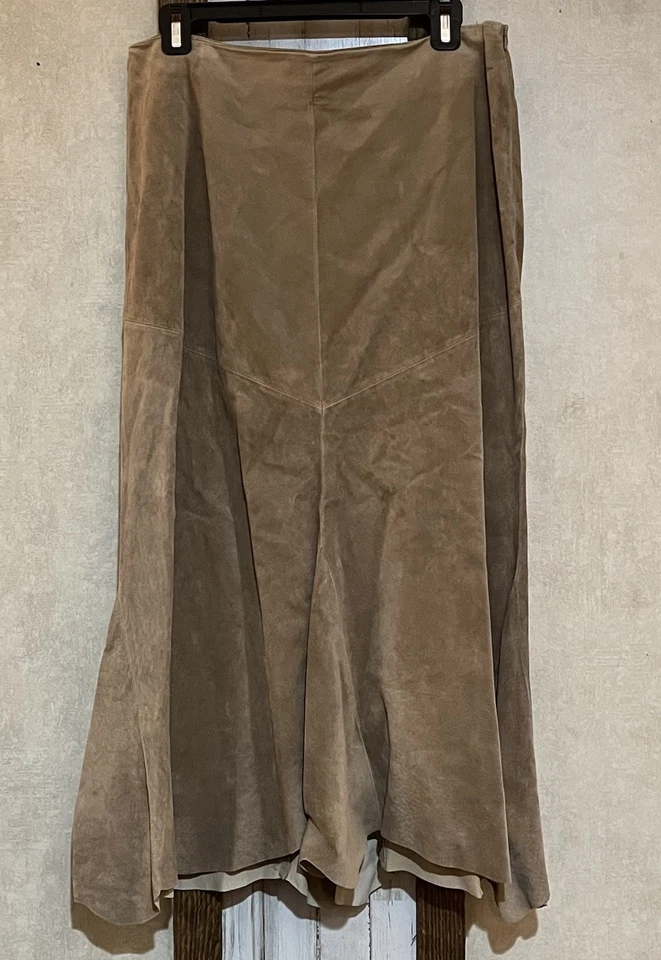 J.Jill Camel Tan 100% Leather Suede Maxi Skirt 12 Petite Asymmetrical Hem - Image 2 of 4