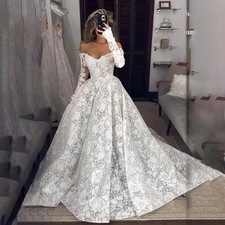 Elegant Lace Floral Wedding Dresses Long Sleeves Sweetheart Corset Bridal Gowns
