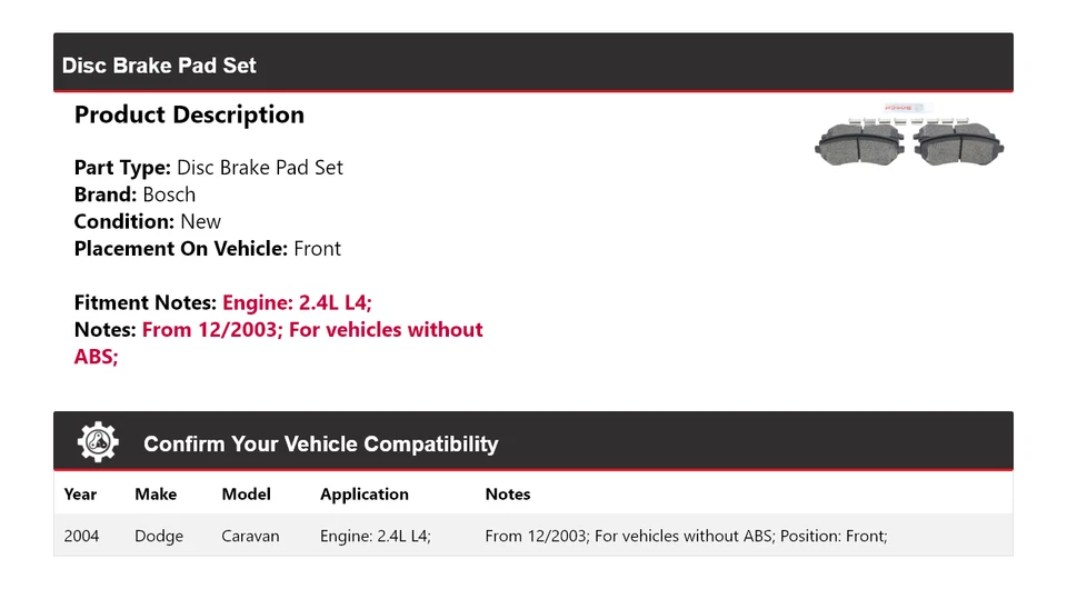 Pastillas de freno semimetálicas Bosch 2,4 L 2004 Dodge Caravan con HD delanteras Foto 2 de 4