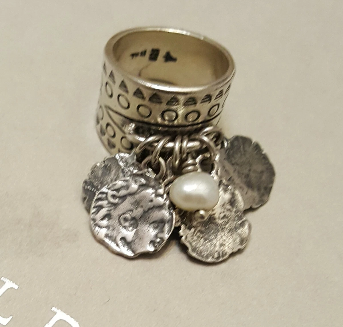 Silpada R1902 925 Sterling Silver Pearl Stamped Coin Cha Cha Ring Size 5