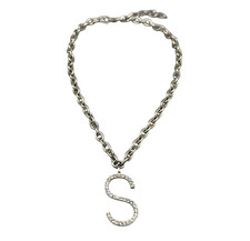 Pave Rhinestone Letter "S" Pendant Chain Necklace Silver Tone 15-17 inches