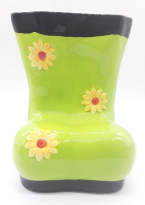 Ceramic Sour Apple Green Puddle Jumper Boots Planter Yellow Daisies 7.5''T