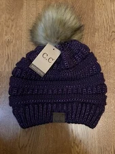 CC Beanie Purple Soft Stretch Cable Knit Faux Fur Pom Pom Winter Hat NWT