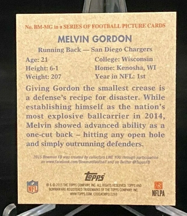 2015 Topps Bowman 1948 Mini Rookie Melvin Gordon San Diego Chargers BM-MG - Image 2 of 2