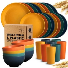 32-Piece Kitchen Plastic Wheat Straw Dinnerware Set Service for 8 Dinner Plat...