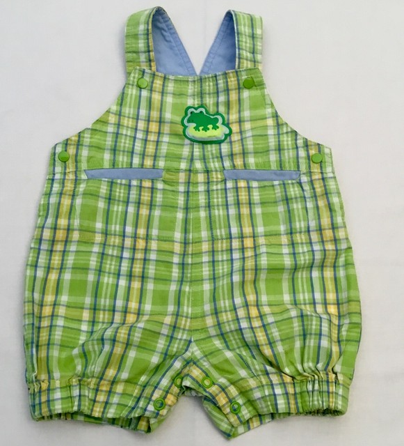 Baby Boy 36 months Overalls Plaid Green Yellow Snaps Frog Spring