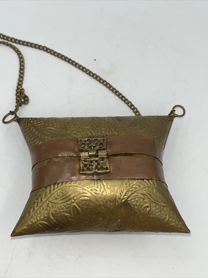 Vintage Ladies Hardshell Purse Pillow Clutch Handbag Brass Copper Art Deco Style - Image 4 of 4