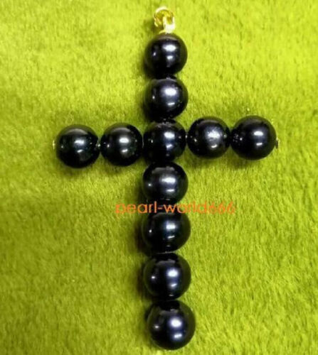 Natural Jewelry AAA+ South Sea Black Cross Pearl Pendant Necklaces 14k Gold P - Foto 1 di 4