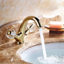 Gold Bathroom Sink Faucet Double Crystal Decor Handle Wash Basin Water Mixer Tap