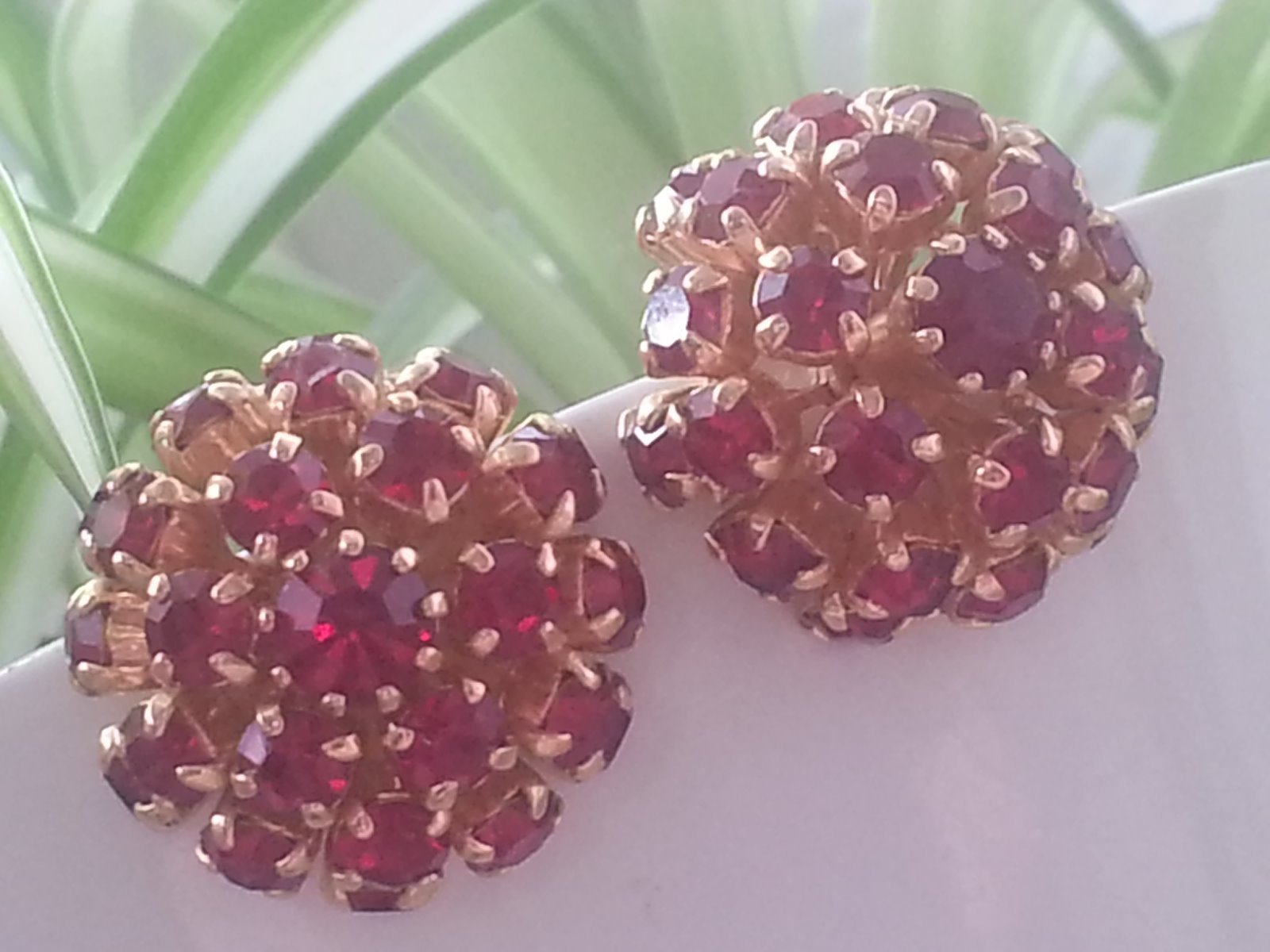 1960's Ruby Red Rhinestone Cluster Dome Style Gol… - image 1