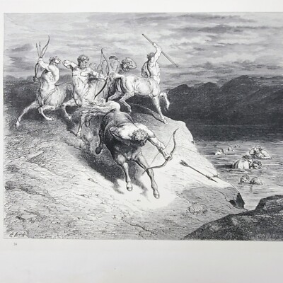 Antique Engraving, Gustave Dore Centaurs, 1866 Dante's Inferno 14.5 x 11'' Gothic