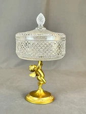 Vtg Pedestal English Hobnail & Brass Pedestal 9” Covered Compote w/ Putto Cherub