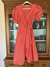 JEALOUS TOMATO SIZE L WOMEN ORANGE PUFF SLEEVE MIDI WRAP DRESS W GOLD ACCENT