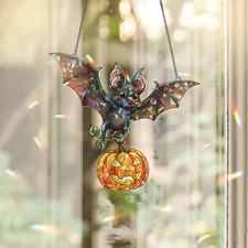 Halloween Bat Suncatcher, Stained Glass Pumpkin Window Hanging Cute Spooky Fall