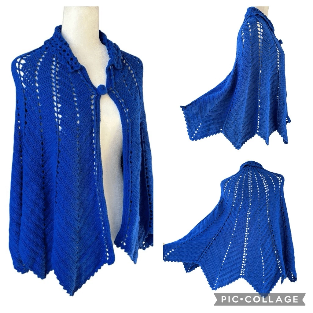 Handmade 60s Royal Blue Granny Knit Crochet Cape Poncho Zigzag Hem Collar Button
