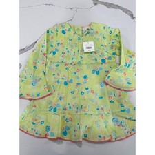Janie and Jack Girls 5T Lime Green Floral Tunic Dress Pink Pom Pom Trim NWT